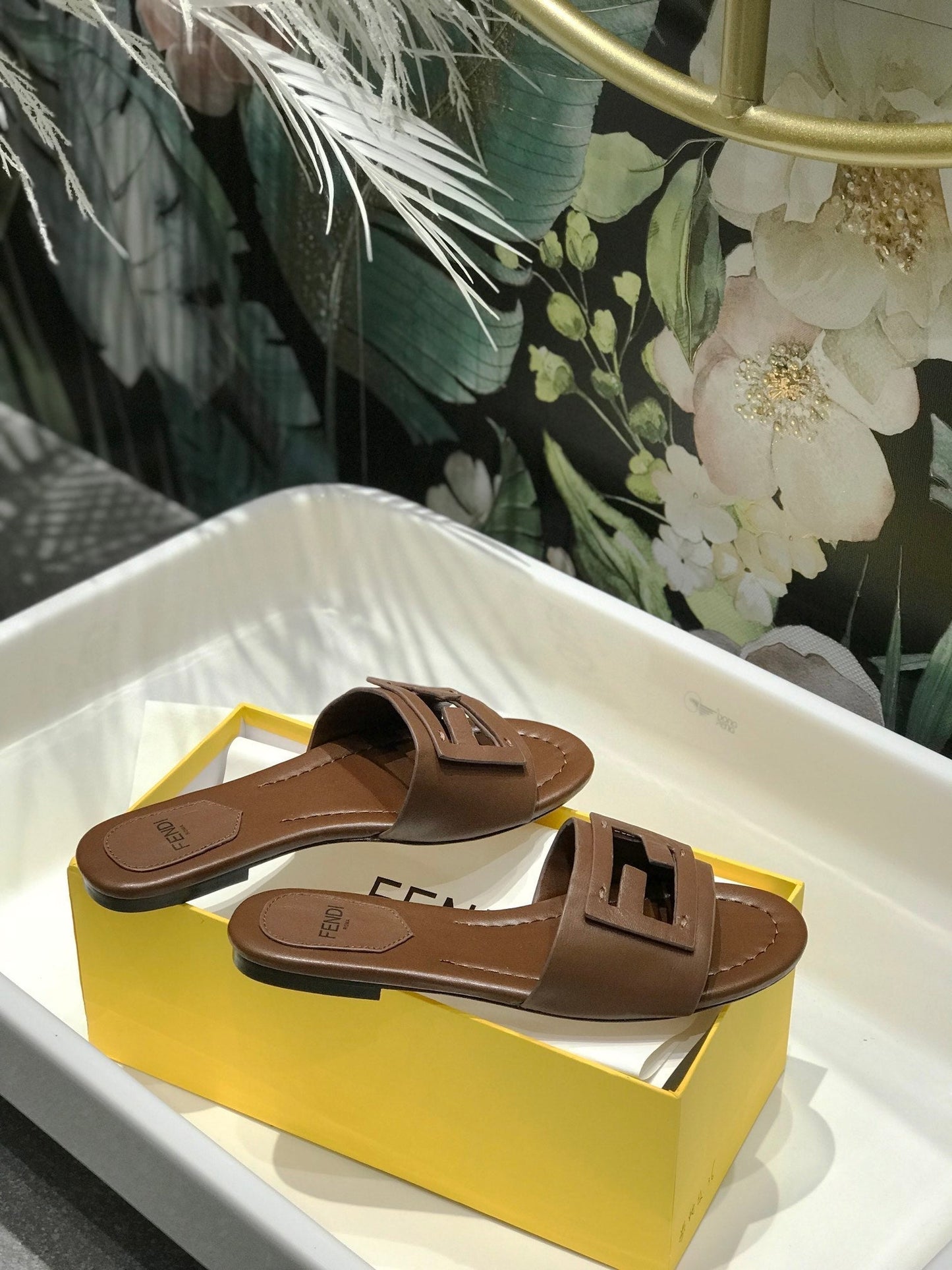 FENDI BAGUETTE SLIDES IN COFFEE BROWN LAMBSKIN