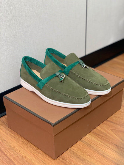 LP CHARMS WALK BABOUCHE LOAFERS OLIVE AND PINE SUEDE