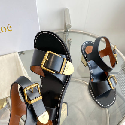 REBECCA LOW HEELED SANDAL IN BLACK LAMBSKIN GOLD HARDWARE