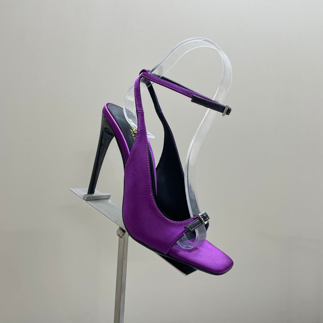 SL BUCKLE STRAP HEELED SANDAL SQUARE PURPLE SILK