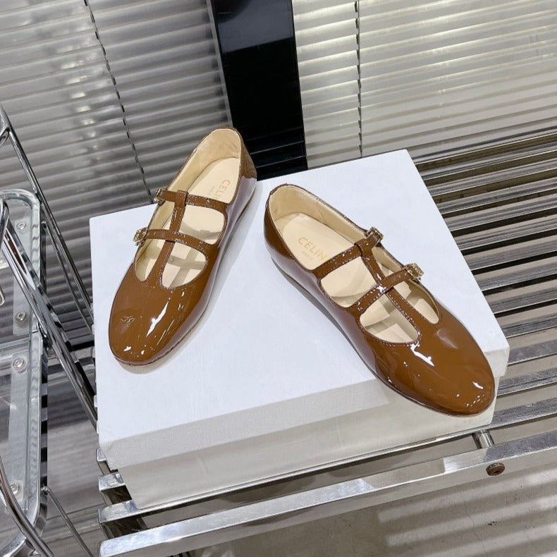 FLAT SANDALS WITH DOUBLE STRAP-DESIGN LEATHER CARAMEL BROWN