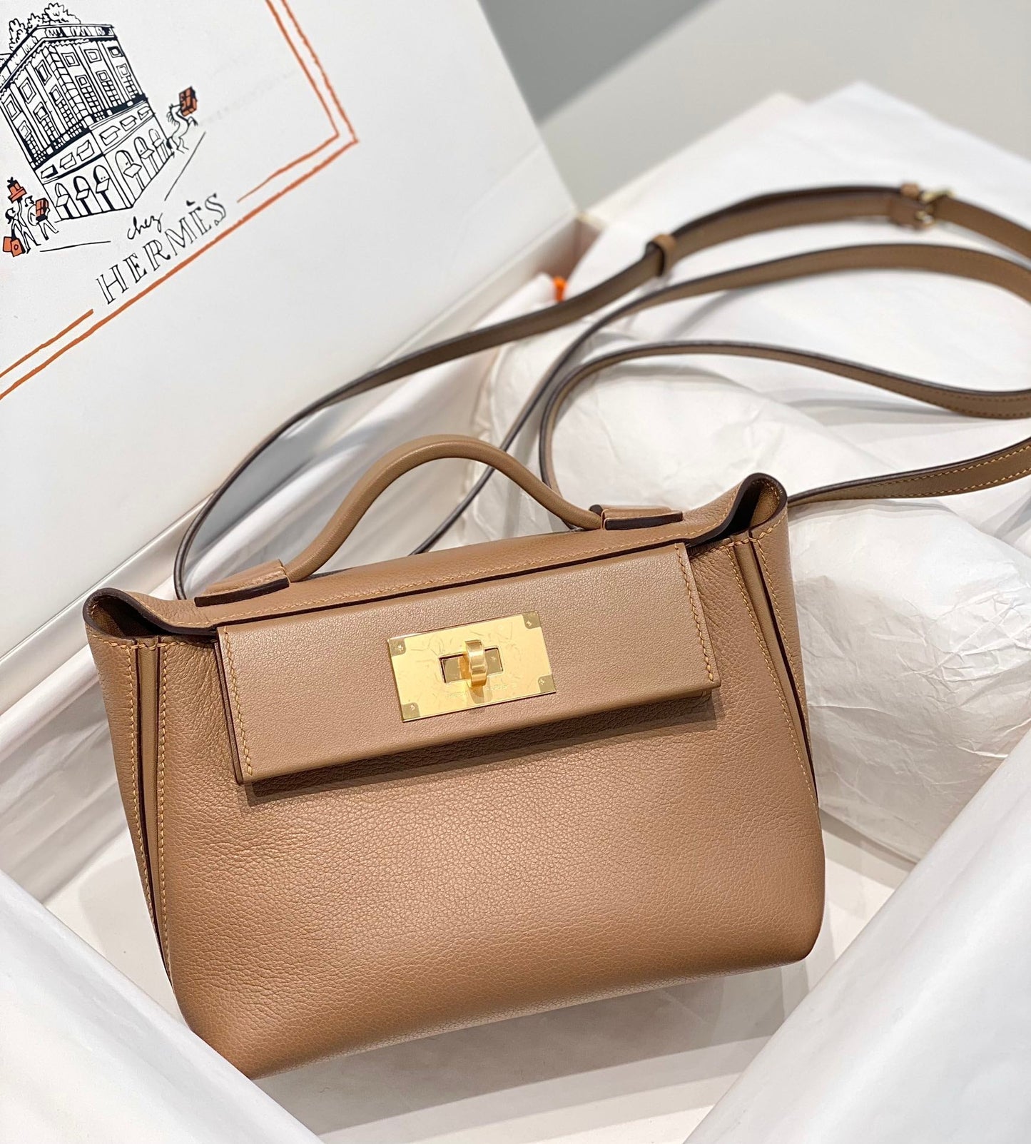 MINI 24/24 21CM IN BEIGE MARFA EVERCOLOR CALFSKIN GOLD KELLY BUCKLE