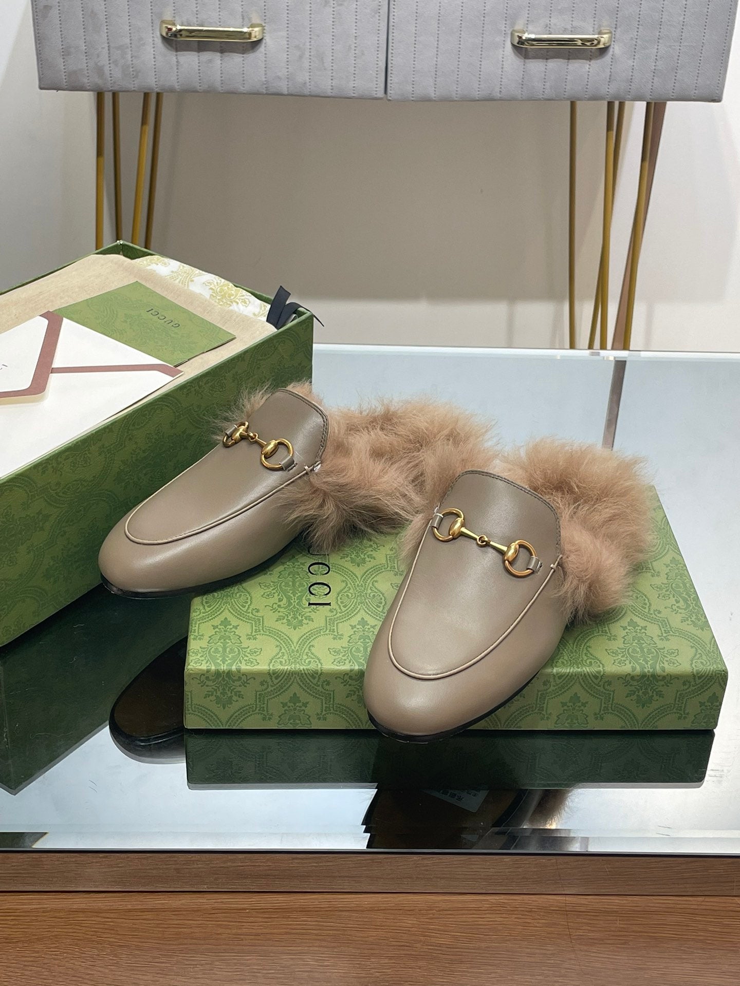 HORSEBIT MULE IN PEANUT BROWN CALFSKIN AND LAMB WOOL LINING