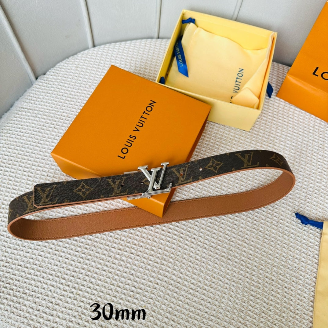 LV Initiales 30mm Reversible Belt Silver Rotating Buckle Tan Brown Leather