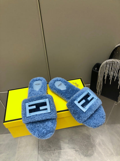 FENDI BAGUETTE SLIDE SLIPPERS IN CERULEAN BLUE WOOL