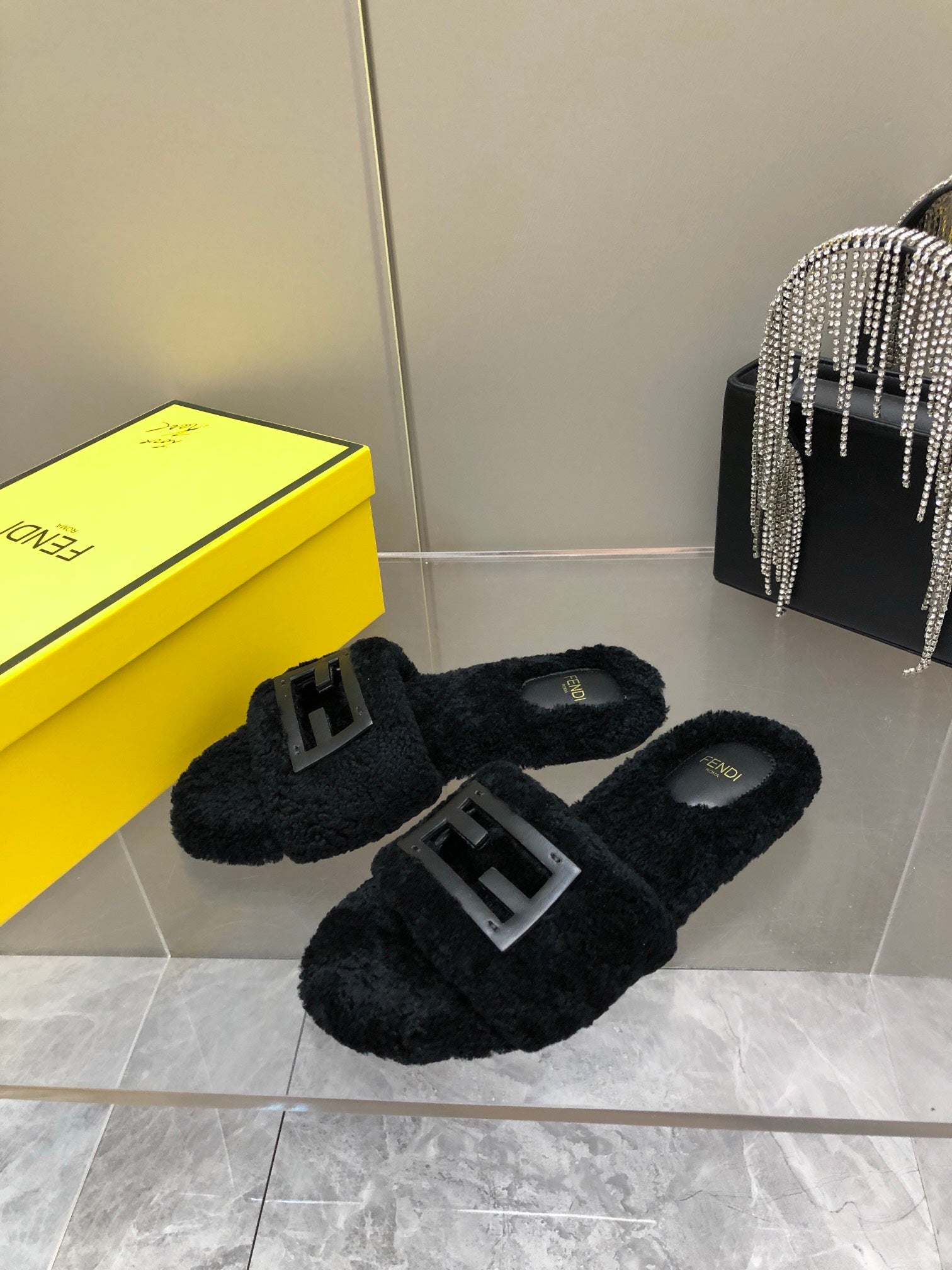 FENDI BAGUETTE SLIDE SLIPPERS IN BLACK WOOL