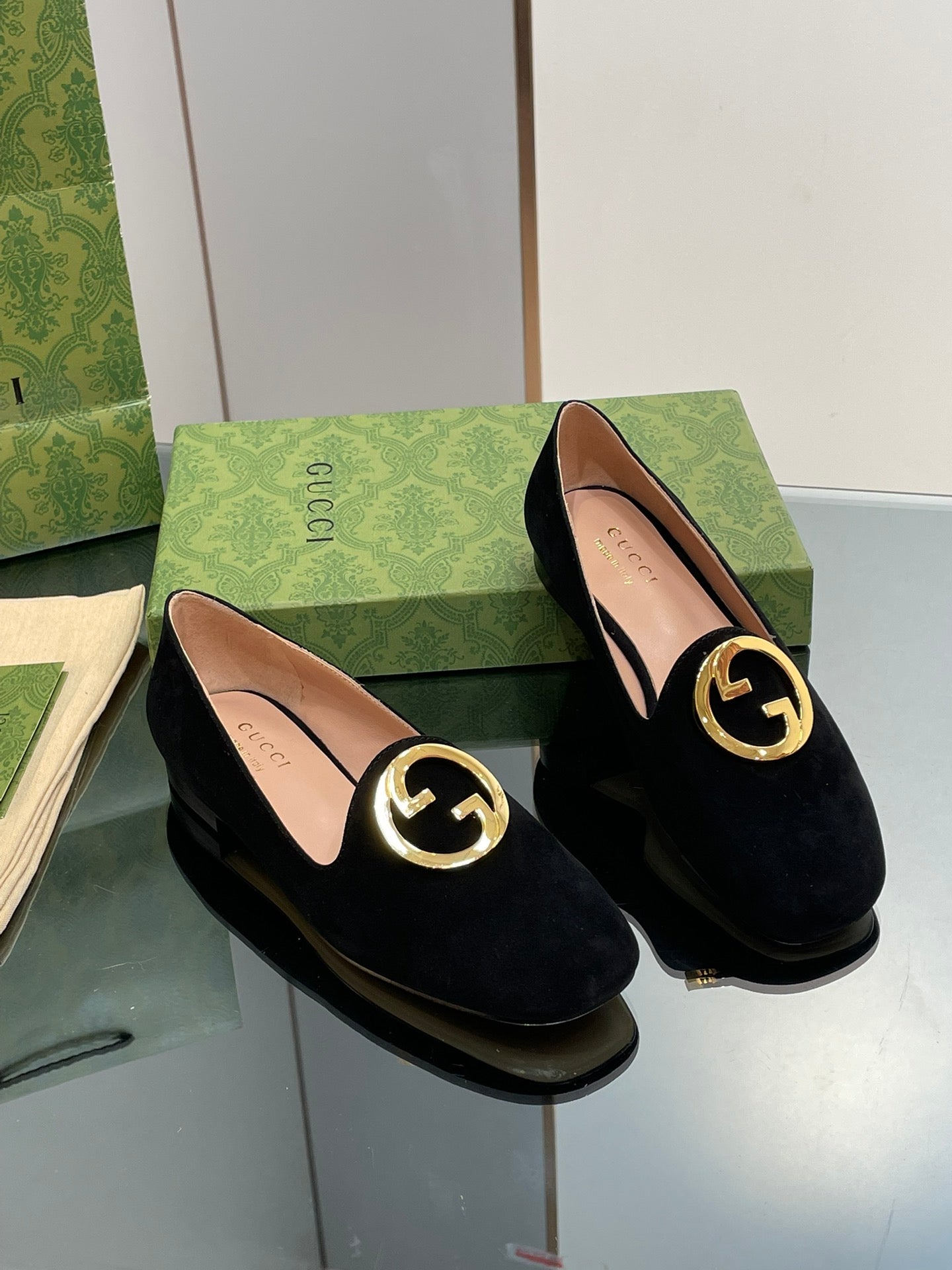 BLONDIE LOGO-PLAQUE LOAFERS IN BLACK SUEDE WITH GOLD HARDWARE