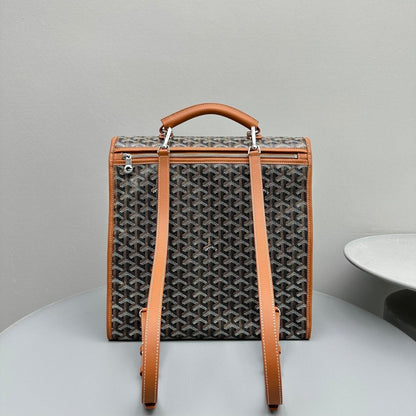 LEGER BACKPACK 37 IN BLACK GOYARDINE CANVAS WITH TAN CALFSKIN TRIM