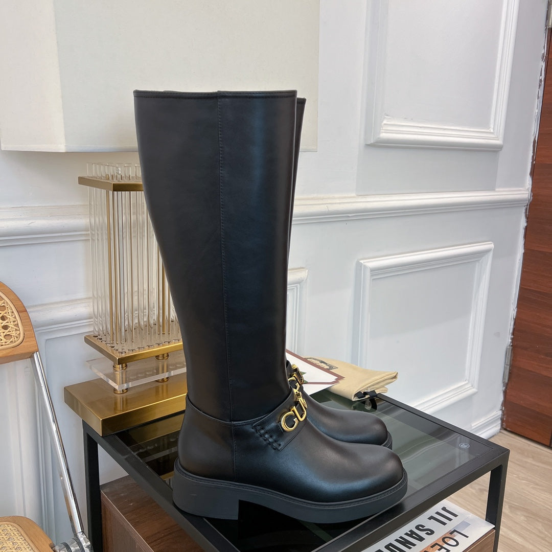 GG CLASSIC LOGO KNEE HIGH BOOTS IN BLACK CALFSKIN