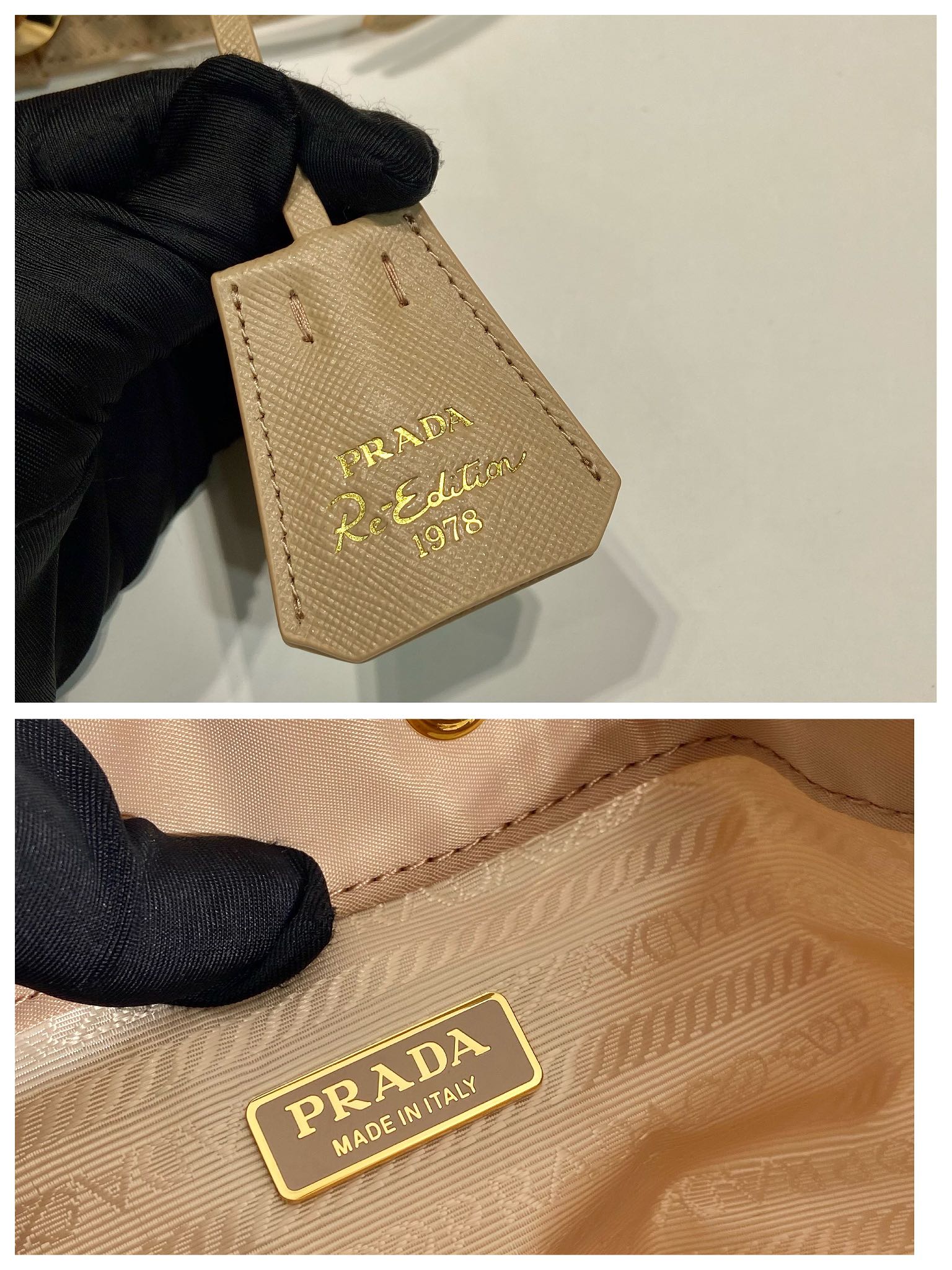 BUCKET BAG 19 IN BEIGE RE-NYLON AND SAFFIANO LEATHER HANDLE