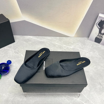 SL SQUARE TOE FLAT MULES BLACK SATIN