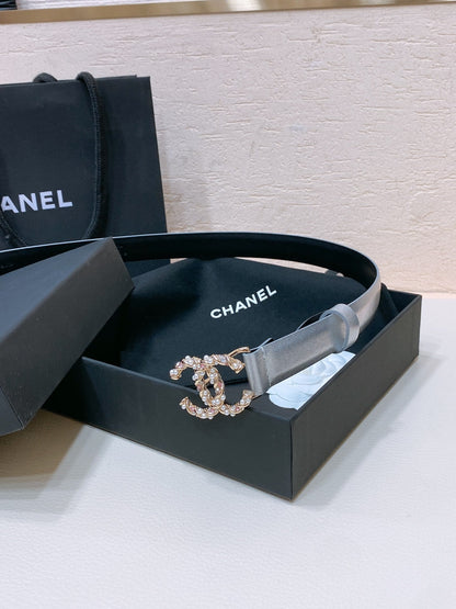 CC BELT 20MM IN SILVER GREY CALFSKIN GOLD HARDWARE ATTACH PEARLS