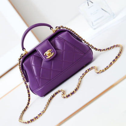 SMALL TOP HANDLE BAG 18 IN PURPLE OIL-WAX LAMBSKIN GOLD HARDWARE