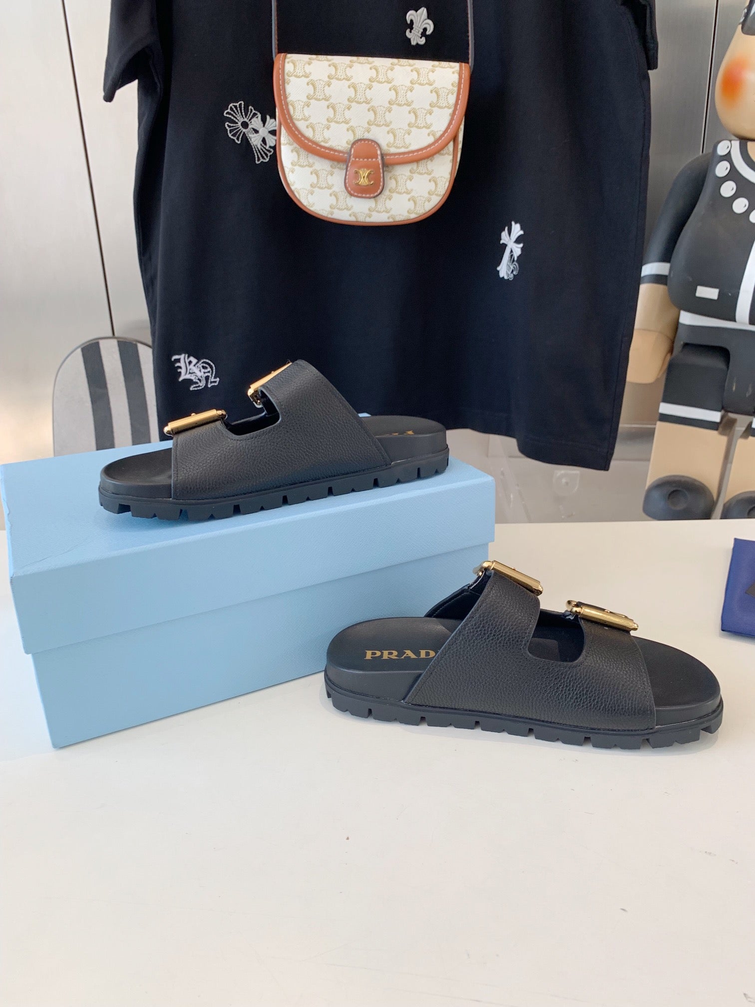 PRA STRAP SLIDES SANDALS BLACK LAMBSKIN