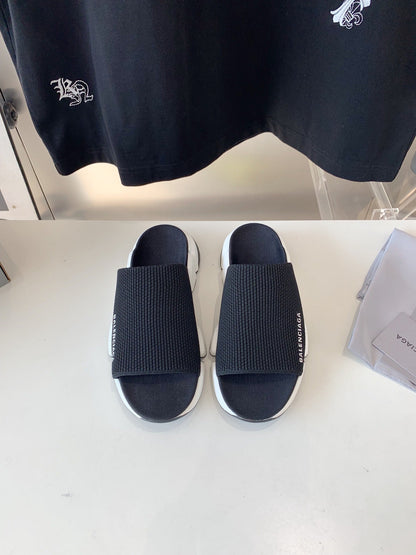 SPEED 2.0 SLIDE SANDAL IN BLACK RECYCLED KNIT AND WHITE SOLE