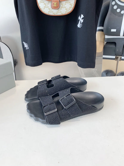 BIRKENSTOCK SLIPPERS ATTACHED RHINESTONES IN BLACK CALFSKIN