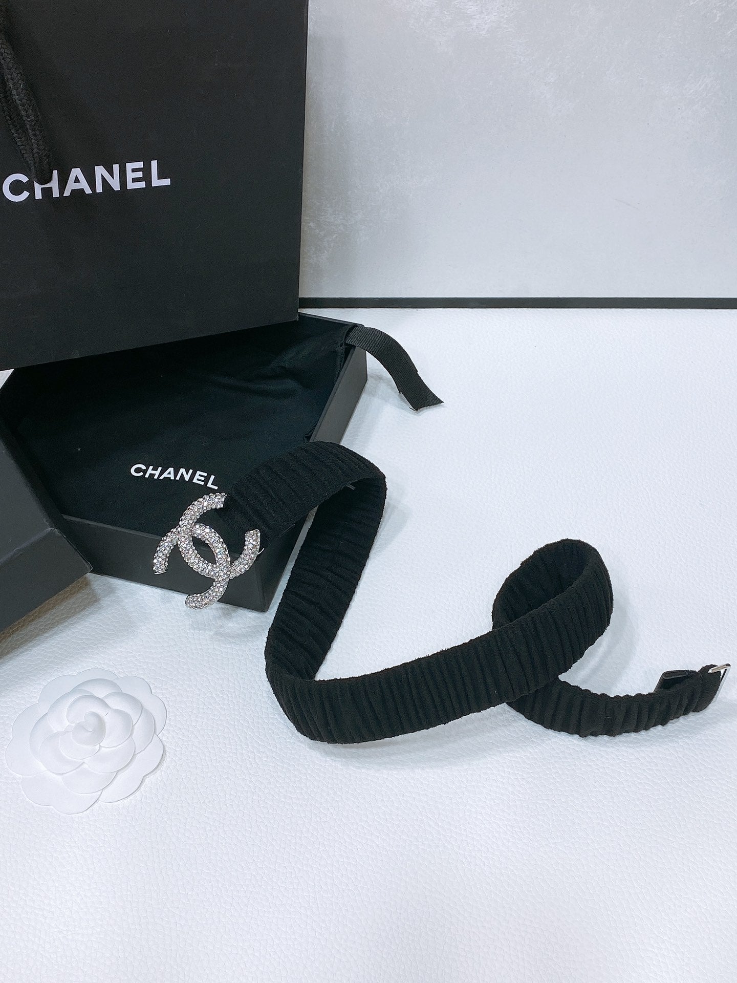 CC ELASTIC BELT 30MM IN BLACK WOOL FABRIC SILVER HARDWARE WITH RHINSTONES