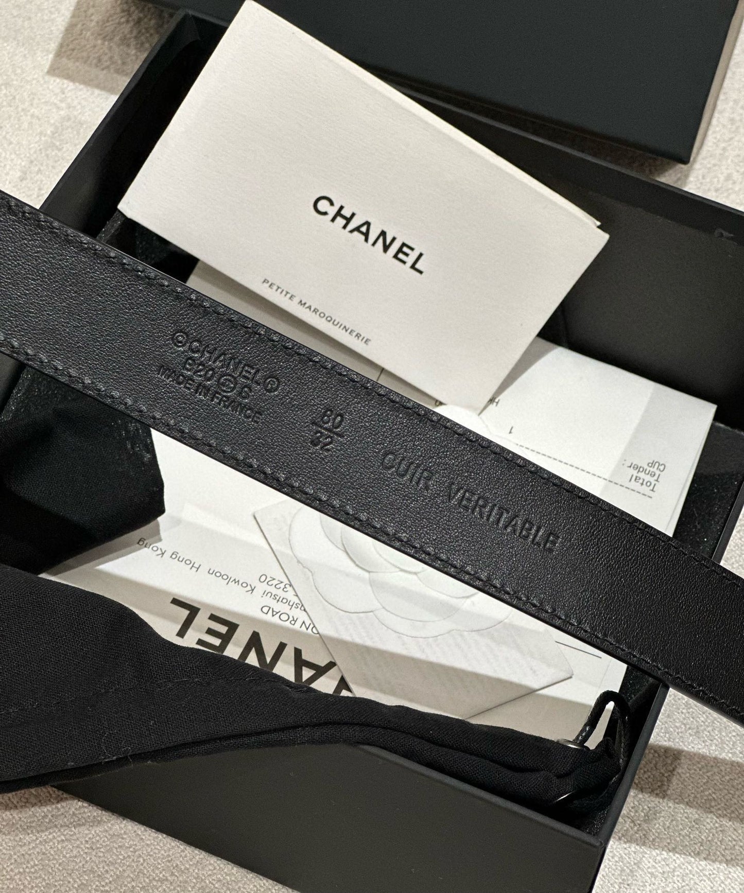 DOUBLE C BELT 30MM IN BLACK CALFSKIN GOLD BUCKLE WITH EMBOSSED CHECK PATTERN