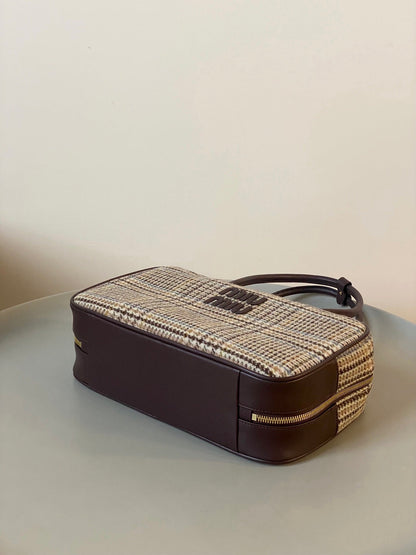 BEAU TOP HANDLE BAG 34 IN BEIGE TARTAN AND COCOA BROWN LEATHER TRIM