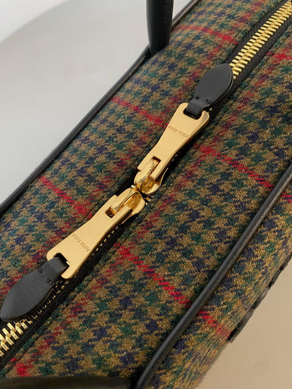 BEAU TOP HANDLE BAG 34 IN LODEN GREEN TARTAN AND BLACK LEATHER TRIM