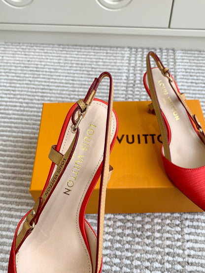 BLOSSOM SLINGBACKS 75 MM IN CHERRY RED IMPORTED STRIPED SILK SATIN