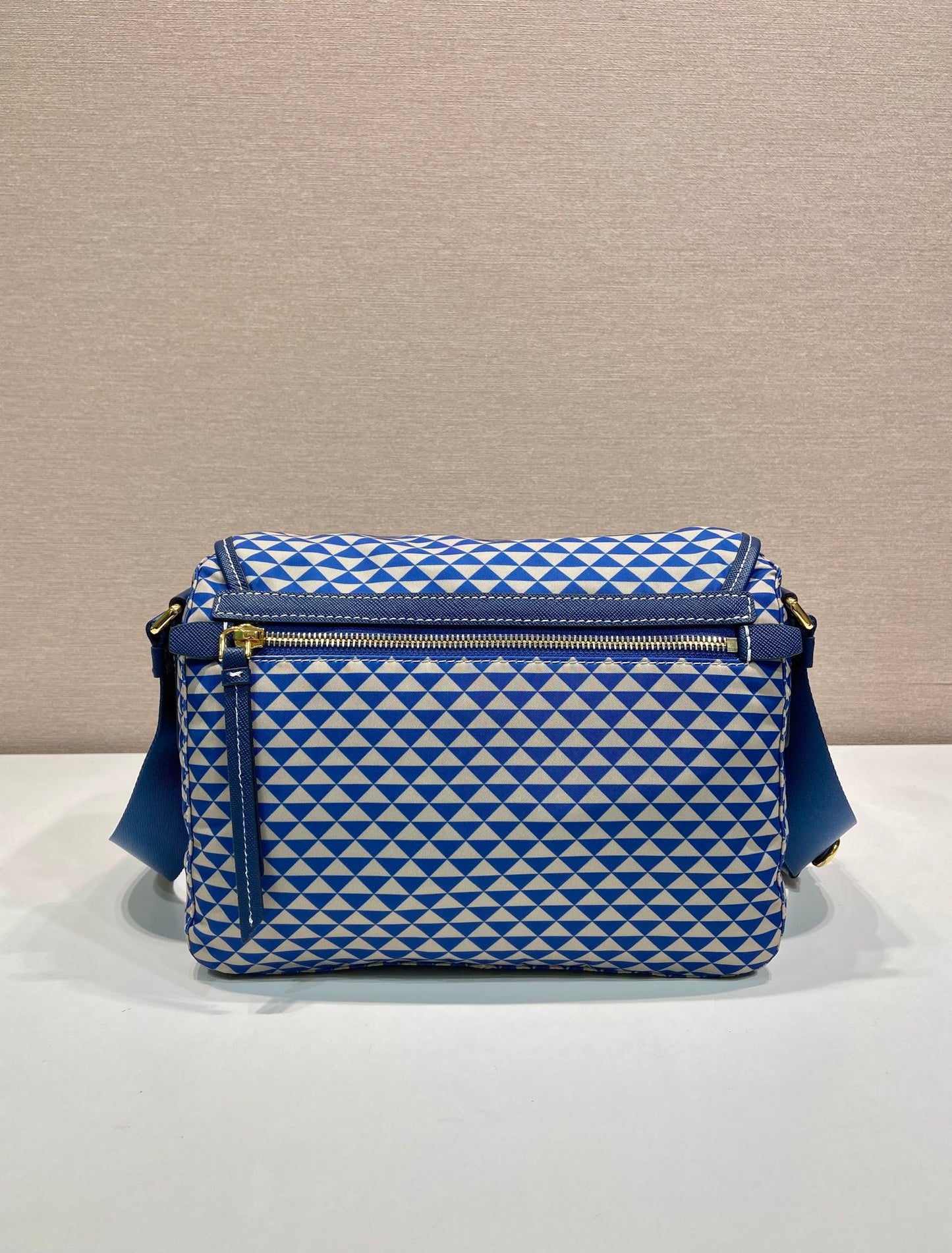MESSENGER BAG 25 IN BLUE MIX WHITE TRIANGLE PATTERN EMBROIDERED FABRIC