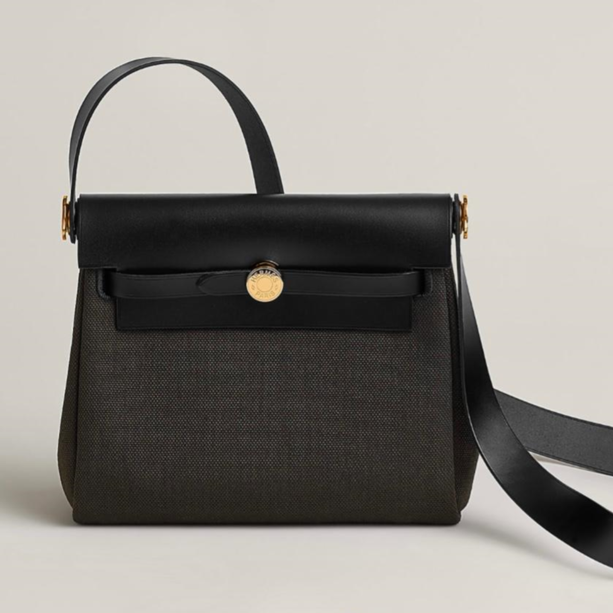 HM HERBAG ZIP 20 BLACK CALFSKIN & CANVAS GHW