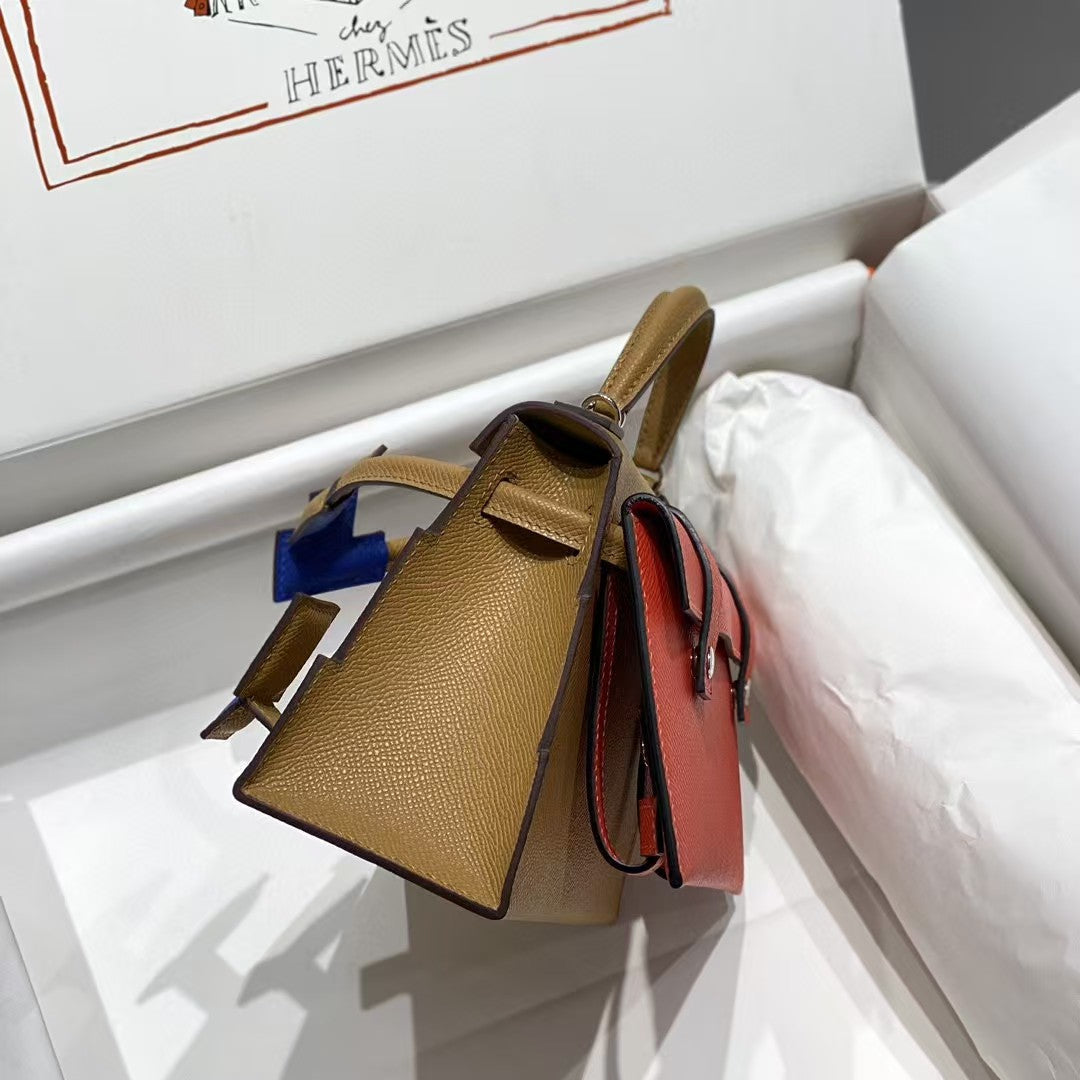 KELLY DOLL PICTO MINI 18 BROWN MIX BLUE CALFSKIN
