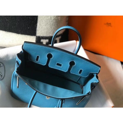 HERM Birkin 25cm Bag In Blue Jean Clemence Leather GHW