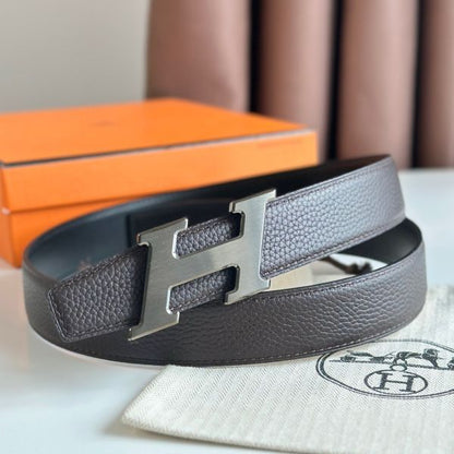 HERM H Speed Reversible Belt 32MM in Chocolate Clemence Leather
