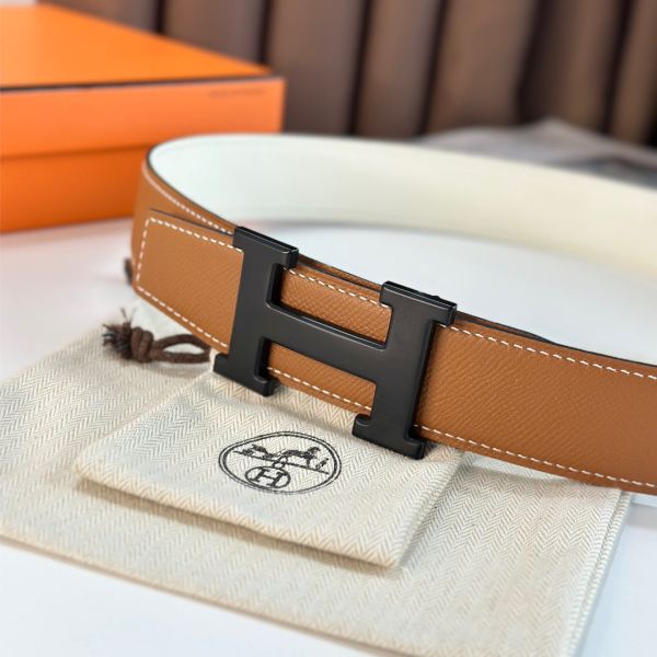 HERM H Reversible 38MM Belt with matte Buckle in White and Gold Epsom Leather