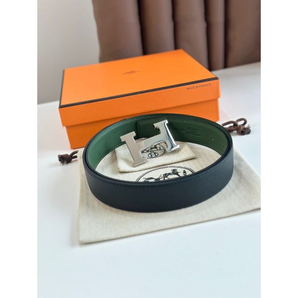 HERM H Reversible Belt 32MM in Black and Green Epsom Leather
