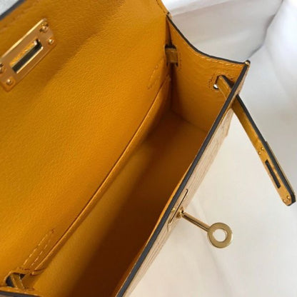 HERM Kelly Mini II Bag In Yellow Embossed Crocodile Leather