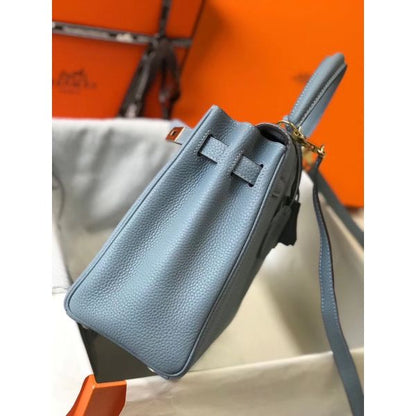HERM Kelly 25cm Retourne Bag In Blue Lin Clemence Leather