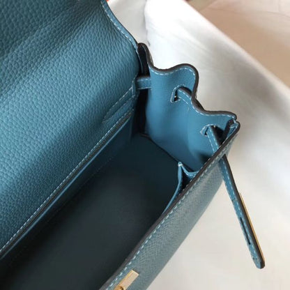 HERM Kelly 28cm Bag In Blue Jean Clemence Leather GHW