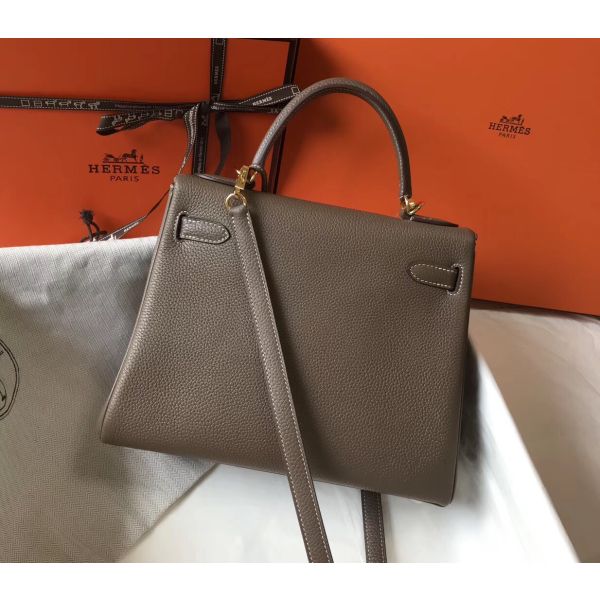 HERM Kelly 28cm Bag In Taupe Grey Clemence Leather GHW