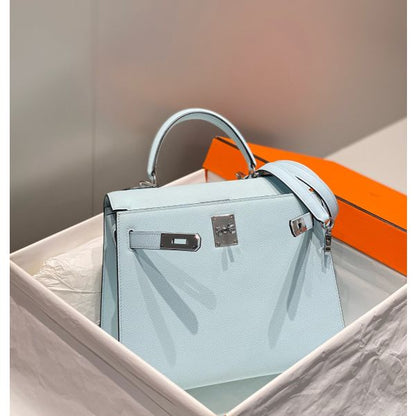 HERM Kelly 28cm Bag In Blue Brume Epsom Leather PHW
