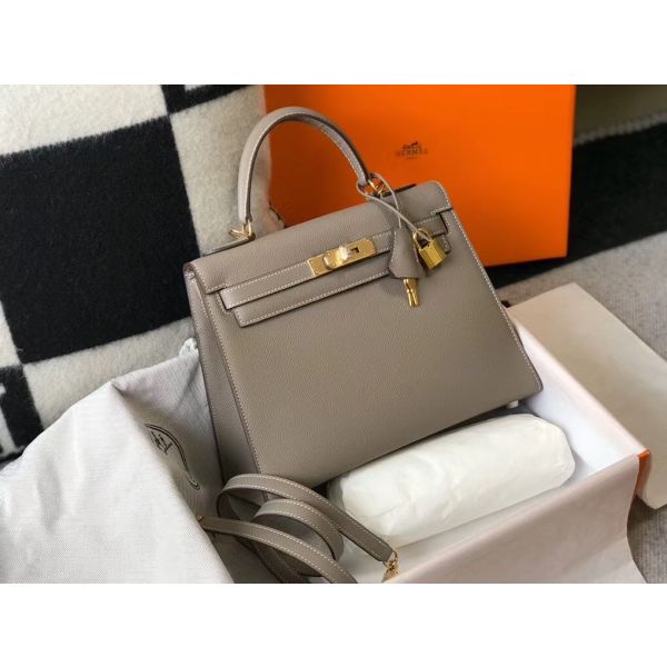 HERM Kelly 28cm Bag In Gris Asphalt Epsom Leather GHW