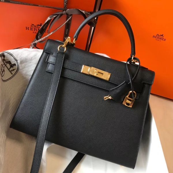 HERM Kelly 28cm Bag In Black Epsom Leather GHW