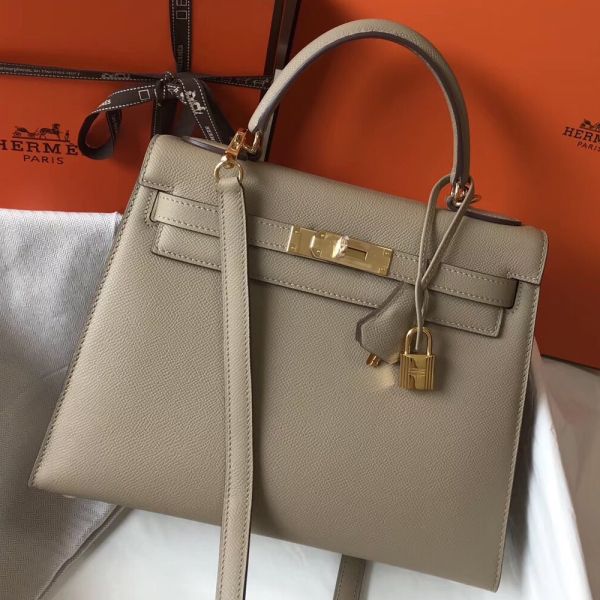 HERM Kelly 28cm Bag In Gris Tourterelle Epsom Leather GHW