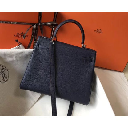 HERM Kelly 32cm Bag In Dark Blue Clemence Leather PHW