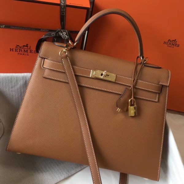 HERM Kelly 32cm Bag In Gold Epsom Leather GHW