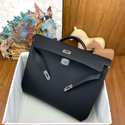 HERM Kelly Depeches 36 Briefcase in Black Clemence Leather
