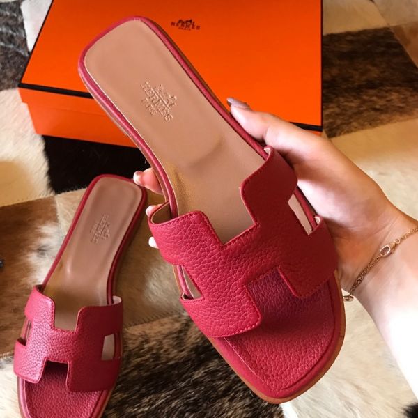 HERM Oran Slide Sandals In Red Clemence Leather