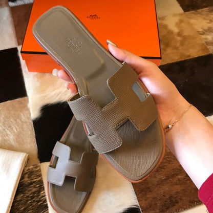 HERM Oran Slide Sandals In Taupe Epsom Calfskin