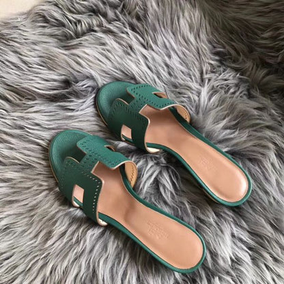 HERM Oran Perforated Sandals In Malachite Epsom Leather