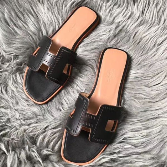 HERM Oran Perforated Sandals In Black Swift Leather