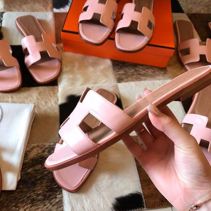 HERM Oran Slide Sandals In Pink Swift Calfskin