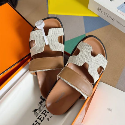 HERM Men's Chypre Sandals In Canvas with Brown Leather