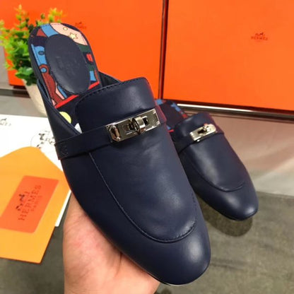HERM Oz Mules In Dark Blue Calfskin